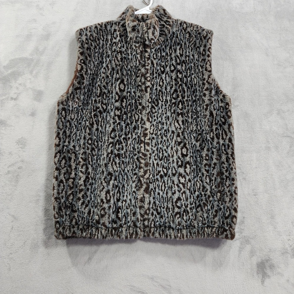 Vintage Duffel Vest Womens M Brown Faux Fur Leopard Animal Print Full Zip Lined